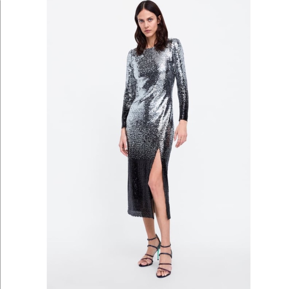 ZARA OMBRÉ SEQUIN MIDI DRESS - Picture 2 of 5